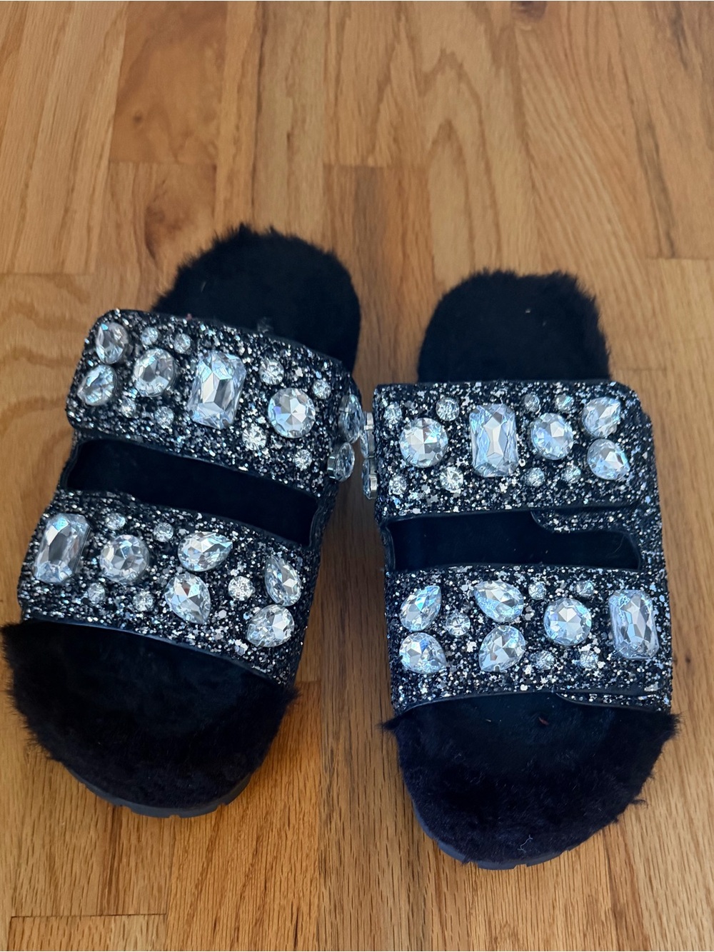 Michael Kors Black Faux Fur Jeweled Slide Sandals